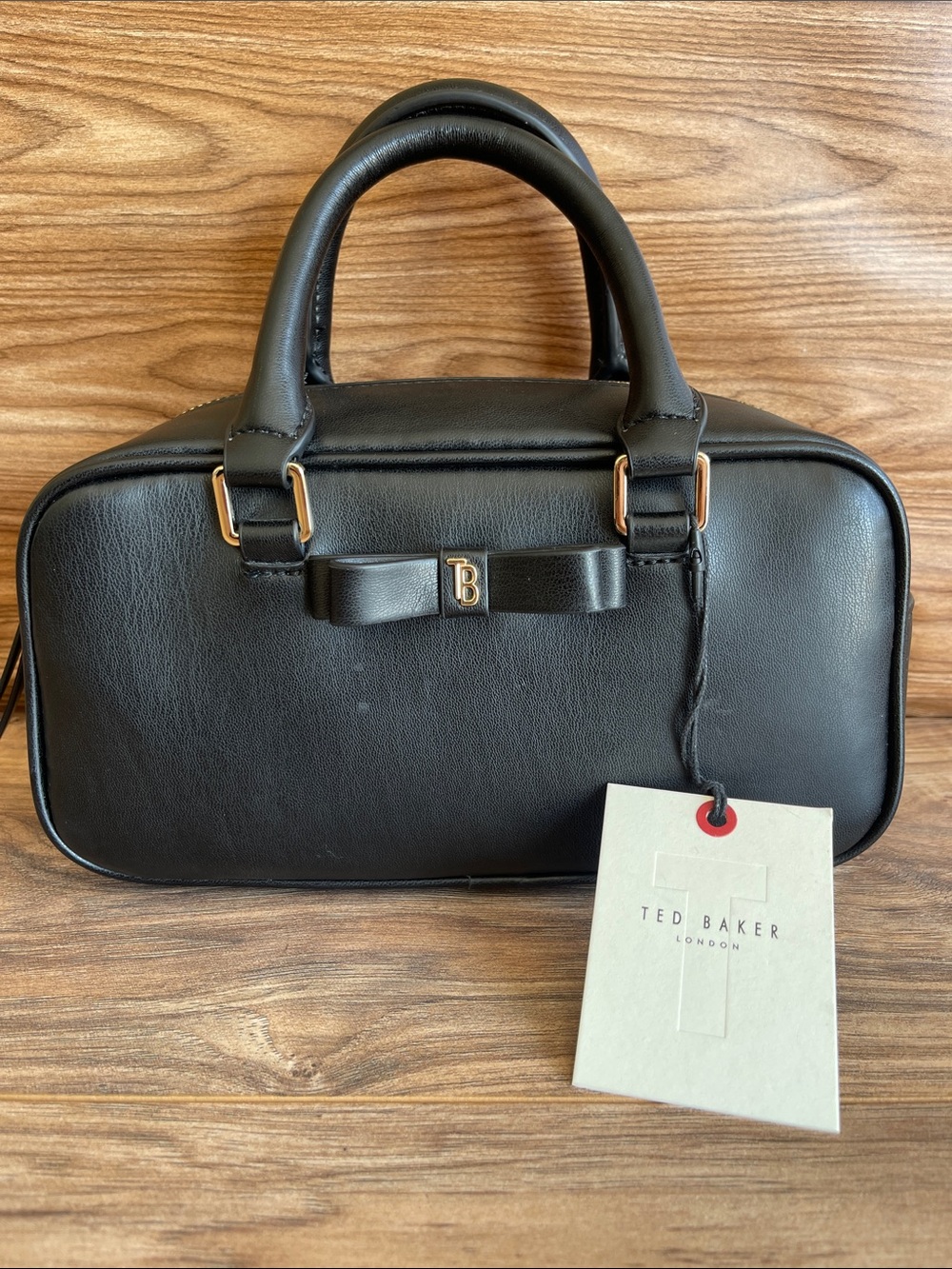 New Ted Baker Black Leather Bow-Accent Top Handle Bag